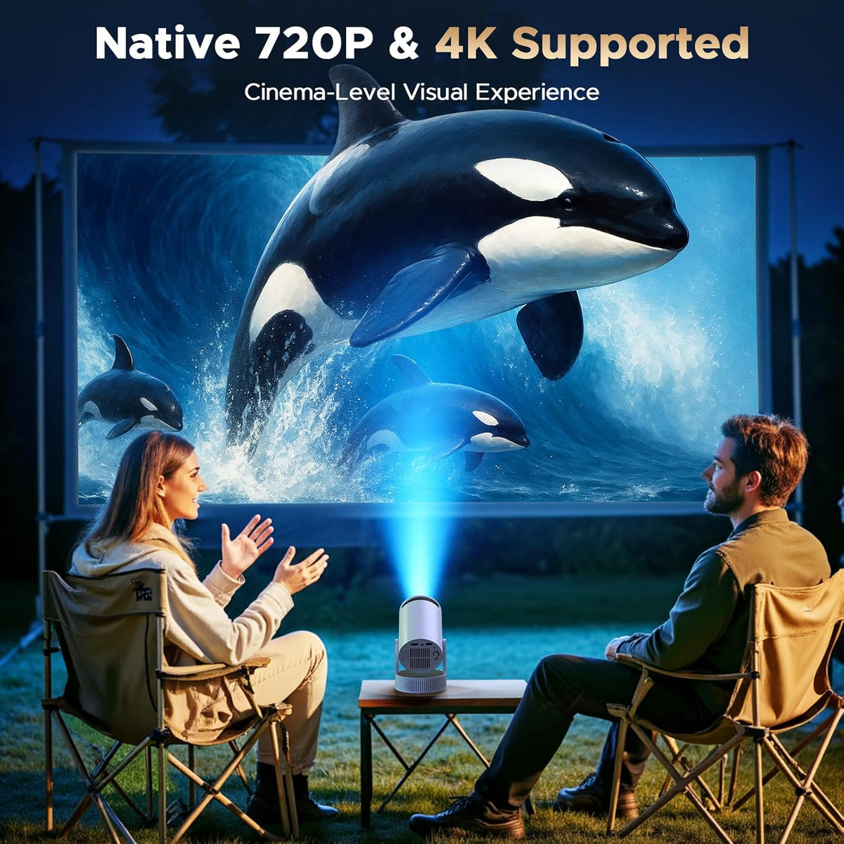 Beamer met accu, mini-projector ondersteuning 4K resolutie, 220° rotatie, geïntegreerde luidspreker en bluetooth-projector, Auto Keystone WiFi6 beamer projector voor thuisbioscoop slaapkamer