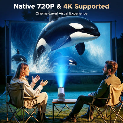 Beamer met accu, mini-projector ondersteuning 4K resolutie, 220° rotatie, geïntegreerde luidspreker en bluetooth-projector, Auto Keystone WiFi6 beamer projector voor thuisbioscoop slaapkamer