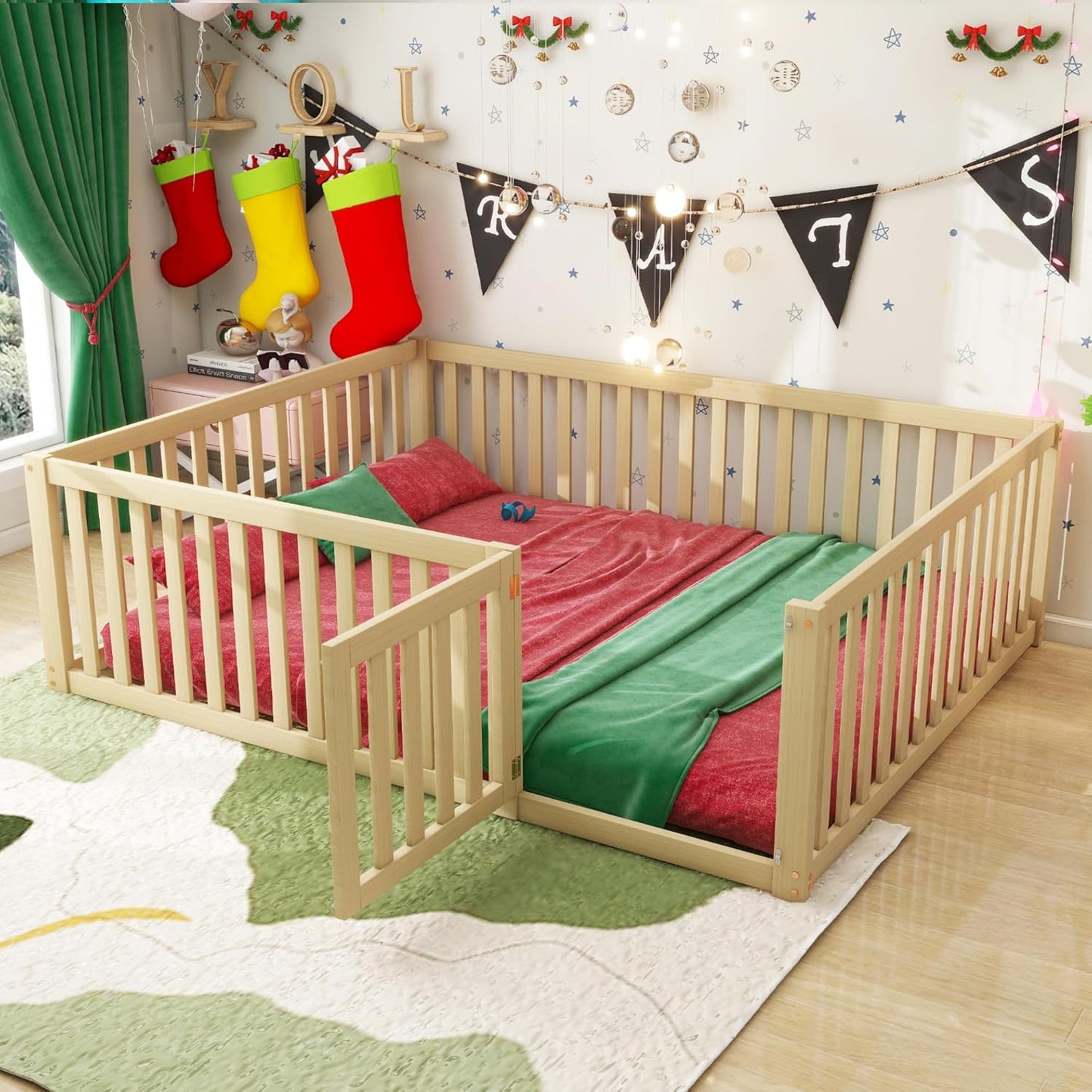 Bedframe Kinderbed - Peuterbed - Vloerbed - Kinderbox - Inclusief Uitvalhekje - Kinderkamer - Multiplex -  140 x 200 x 60 cm - Hout