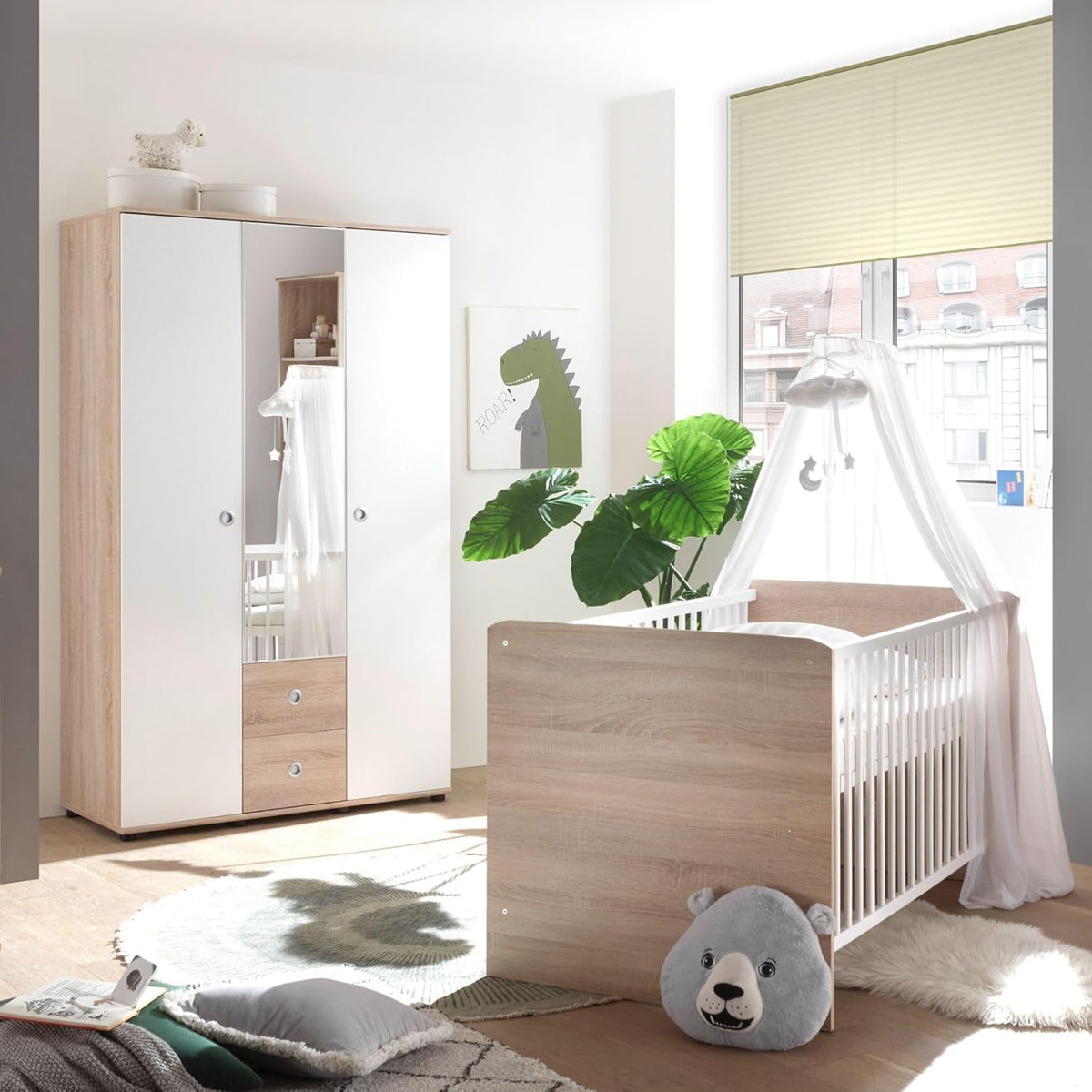 Stella Trading Wiki Baby Room Complete Set in Oak Sonoma Look / White - 3-Piece Set of 3 Wardrobe, Baby Bed and Changing Table - QUORE