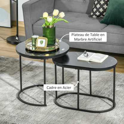 HOMCOM Salontafels, uittrekbaar, van staal en MDF-plaat, marmerlook, ronde en ovale tafel, zwart, 2 stuks
