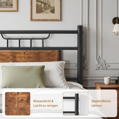 VECELO Bedframe 90 x 200 cm met houten hoofdeinde, houten metalen bed met lattenbodem, bedframe van metaal, eenpersoonsbed, jeugdbed, logeerbed, perfect voor slaapkamer, bruin