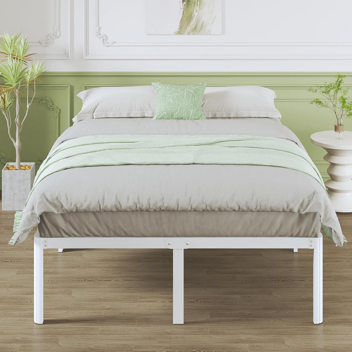 Metalen Bedframe 135x190 cm met Ronde Hoekpoten, Hoogte 46cm, Bed Frame 135x190 Metaal met Lattenbodem, Veel Opbergruimte, Geluidsvrij, Eenvoudige Montage, Wit
