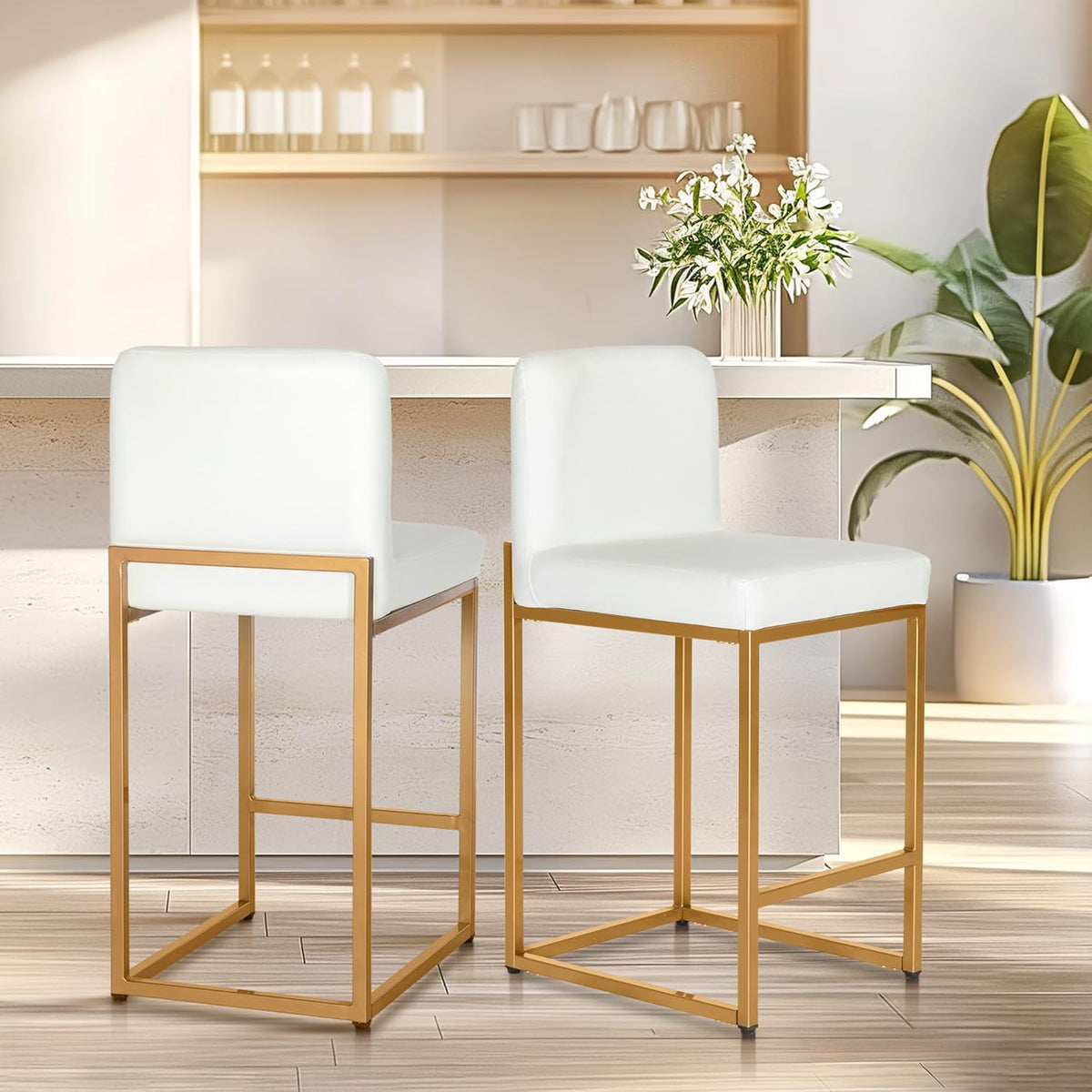 ALPHA HOME Makeup Stool, Makeup Table, Stool, 2 Bar Stools, Bar Stool, Office Stool, Kitchen Chairs with Backrest and Footrest, Robust Metal Frame, Modern Bistro Stool, Breakfast Stool, White