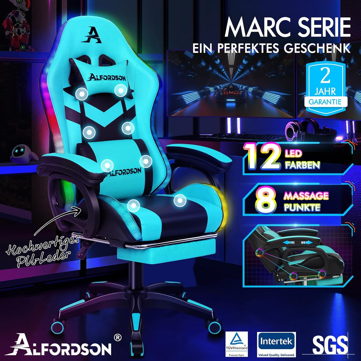ALFORDSON Gaming Chair, Office Chair, Swivel Large Massage Chair with 8 Points, RGB LED Light, 12 Colours, Ergonomic with Footrest, Headrest and Lumbar Cushion, Cyan - QUORE