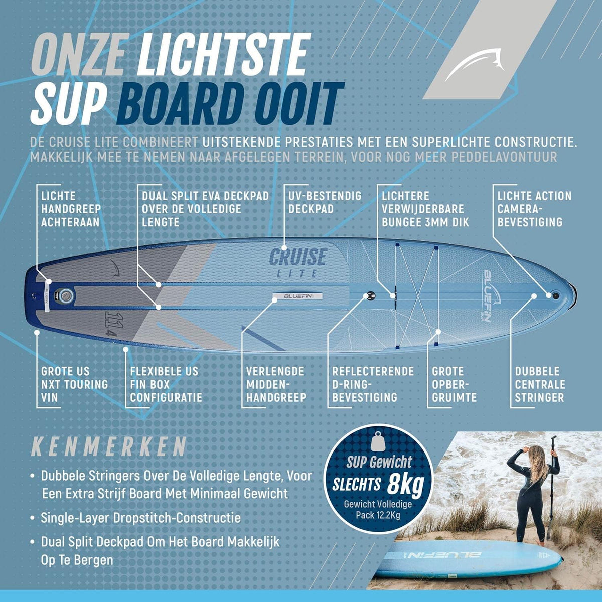 Bluefin Cruise Lite SUP Paddleboard Kit | Lichtgewicht en compact stand-up paddleboard voor volwassenen | In maten 11Ft4 en 10Ft
