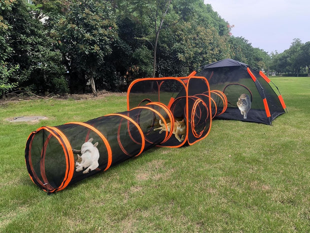 4-in-1 Kattentent - Kattenverblijf - Kattententen - Opvouwbaar - Draagbare Catiotent - met Koepeltent - Tunnelen - Tenten - Buitenkattenbox - voor Katten - Konijnen - Andere Dieren - Nylon - Zwart/Oranje