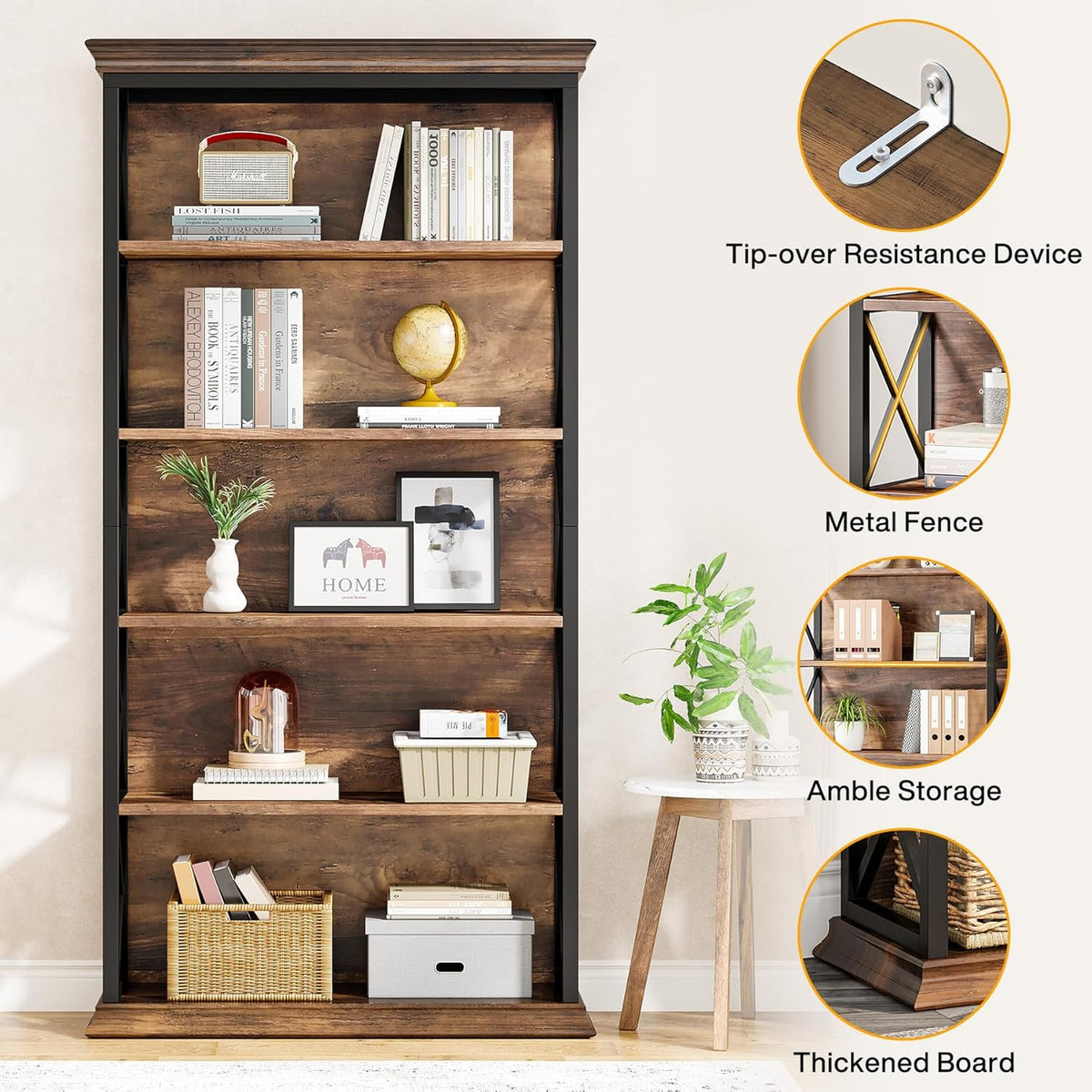 Tribesigns 6 Tier Bookcase, 71 Inch Industrial Bookcases and Bookcases, Floor Standing, 5 Shelves, Storage Shelves, Tall Bookcase for Home Office, Living Room, Bedroom, Brown and Black
