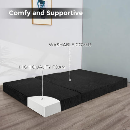 MAXYOYO Opvouwbare corduroy matras, drievoudig gevouwen vloermat, dik, met wasbare overtrek, ruimtebesparend voor gasten (zwart, 135 x 190 cm - 10 cm)