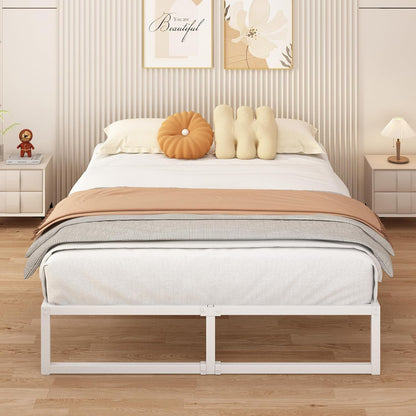 Tweepersoonsbed 180 x 200 cm Metalen Bed Met Lattenbodem, Hoogte 36 cm, Dubbel Bedframe, Stil, Stabiel, Minimalistisch Design, Eenvoudig te Monteren, Wit