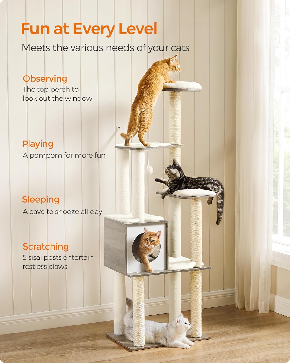 Kattenboom – Krabpaal – Kattenhuis – Kattenmeubel – Klimpaal – 165 cm Hoog – Wasbare Verwijderbare Kussens