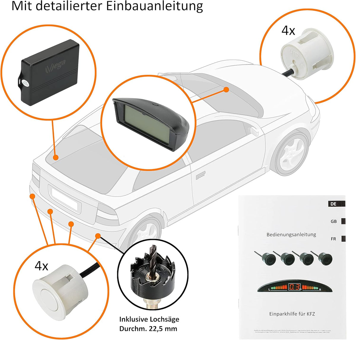 Parkeerhulp – Parkeersensoren – Parkeersysteem – Parkeerassistent – Achteruitrijsensoren – 8 sensoren voor voor- en achterzijde – Kleurendisplay met akoestisch signaal – Wit
