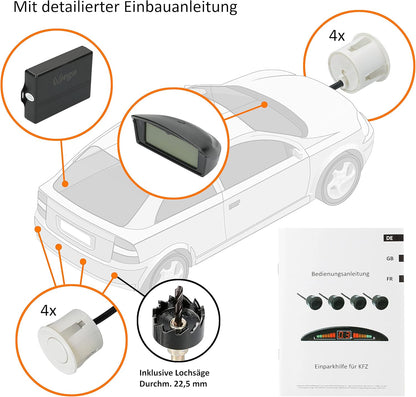 Parkeerhulp – Parkeersensoren – Parkeersysteem – Parkeerassistent – Achteruitrijsensoren – 8 sensoren voor voor- en achterzijde – Kleurendisplay met akoestisch signaal – Wit