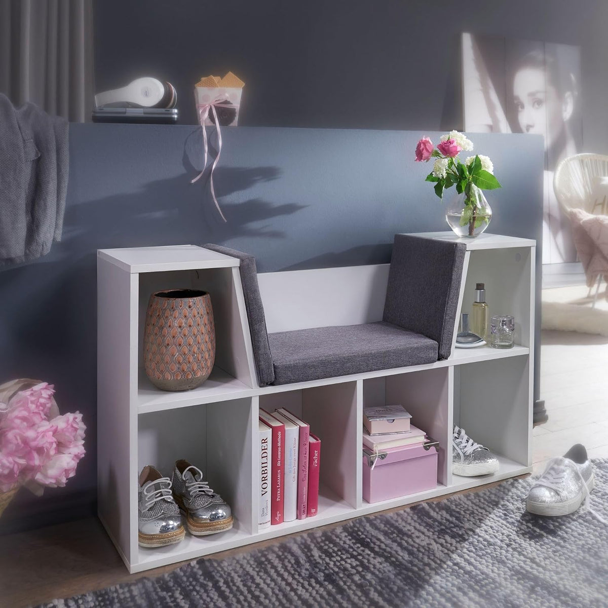 Design Bank – Opbergbank – Schoenenbank – Zitbank – Opbergbank – 101,5 x 61,5 x 30 cm – Melamine Coating & Afneembaar Wasbaar Kussen - QUORE