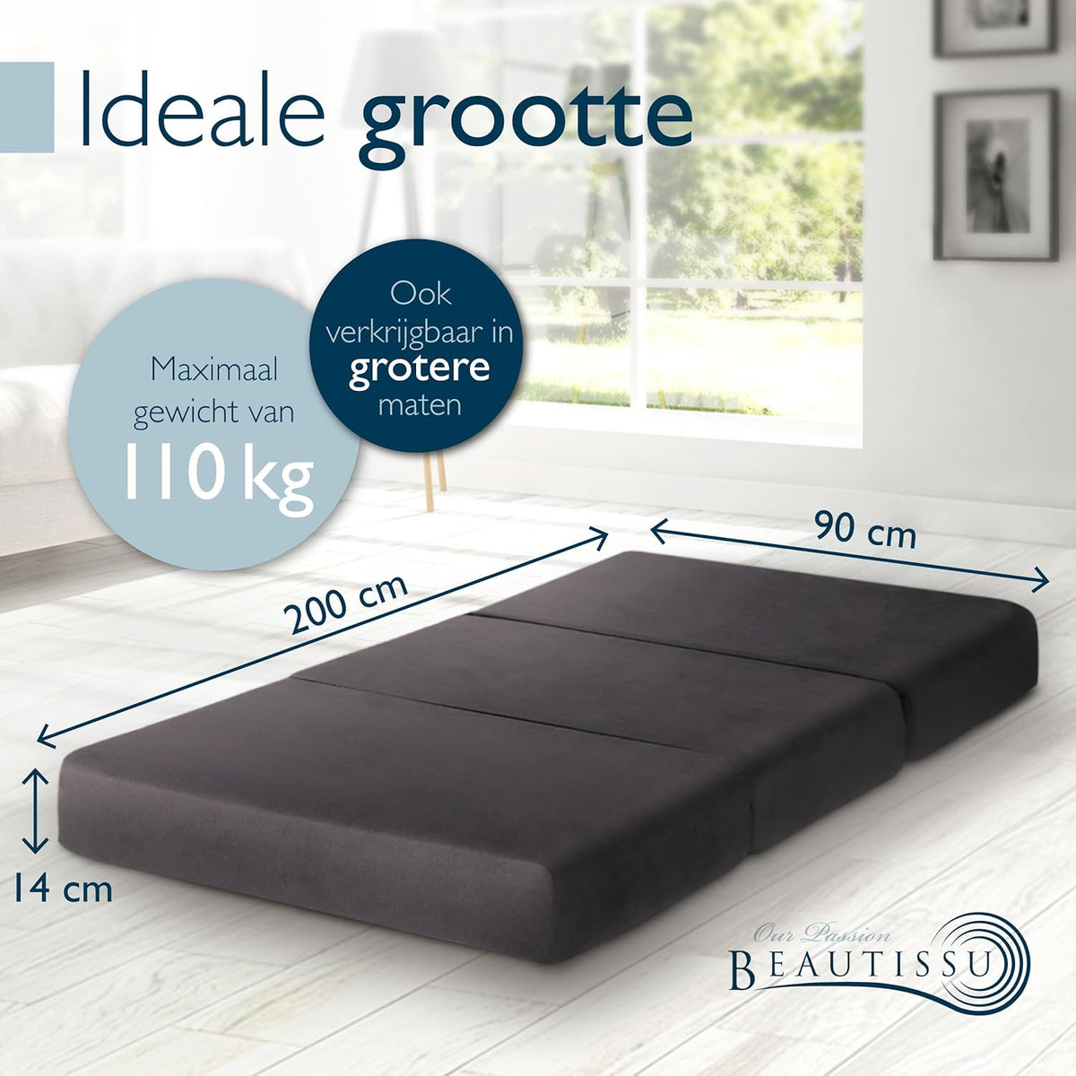 Beautissu Premium XL Vouwmatras 90x200 cm incl. Tas – Opvouwbaar Logeermartas Extra Dik 14 cm Traagschuim – Wasbare Hoes, Eenvoudig Transport & Hoog Slaapcomfort Opvouwbaar Gastenmatras – Grijs