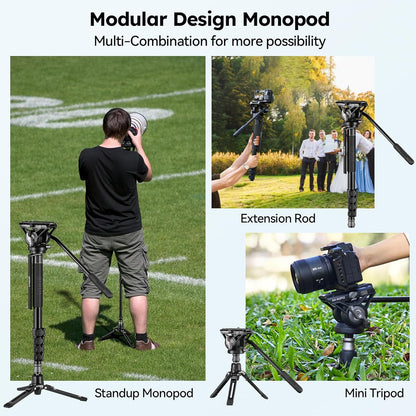 Camera monopod met voeten voor DSLR en camcorder – Monopod – Videomonopod – Reismonopod – Statiefbasis – Fluid head met 360° pan en -60°/+90° tilt – Aluminiumlegering, max. 188 cm en 8 kg
