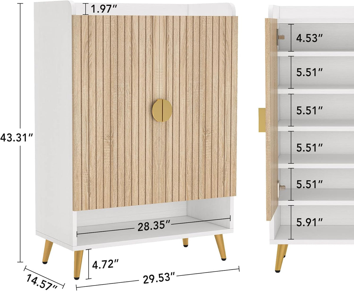 Tribesigns Shoe Cabinet with Doors, 7 Tier Shoe Storage Cabinet with Adjustable Shelves, Wooden Shoe Rack, Shoe Storage for Entrance, Hallway, Closet, Living Room, Wood and Gold