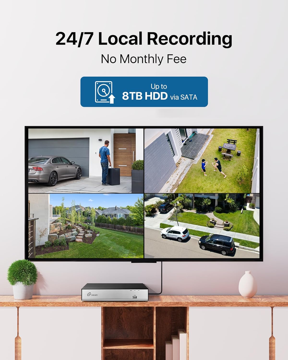 Loocam 8-Kanaals 1080P CCTV Camera Systeem met AI Mens/Voertuigdetectie, 5MP Lite H.265+ DVR Recorder en 4x 2MP Beveiligingscamera's Binnen/Buiten, Nachtzicht, Extern Toegang, ZONDER Harde Schijf