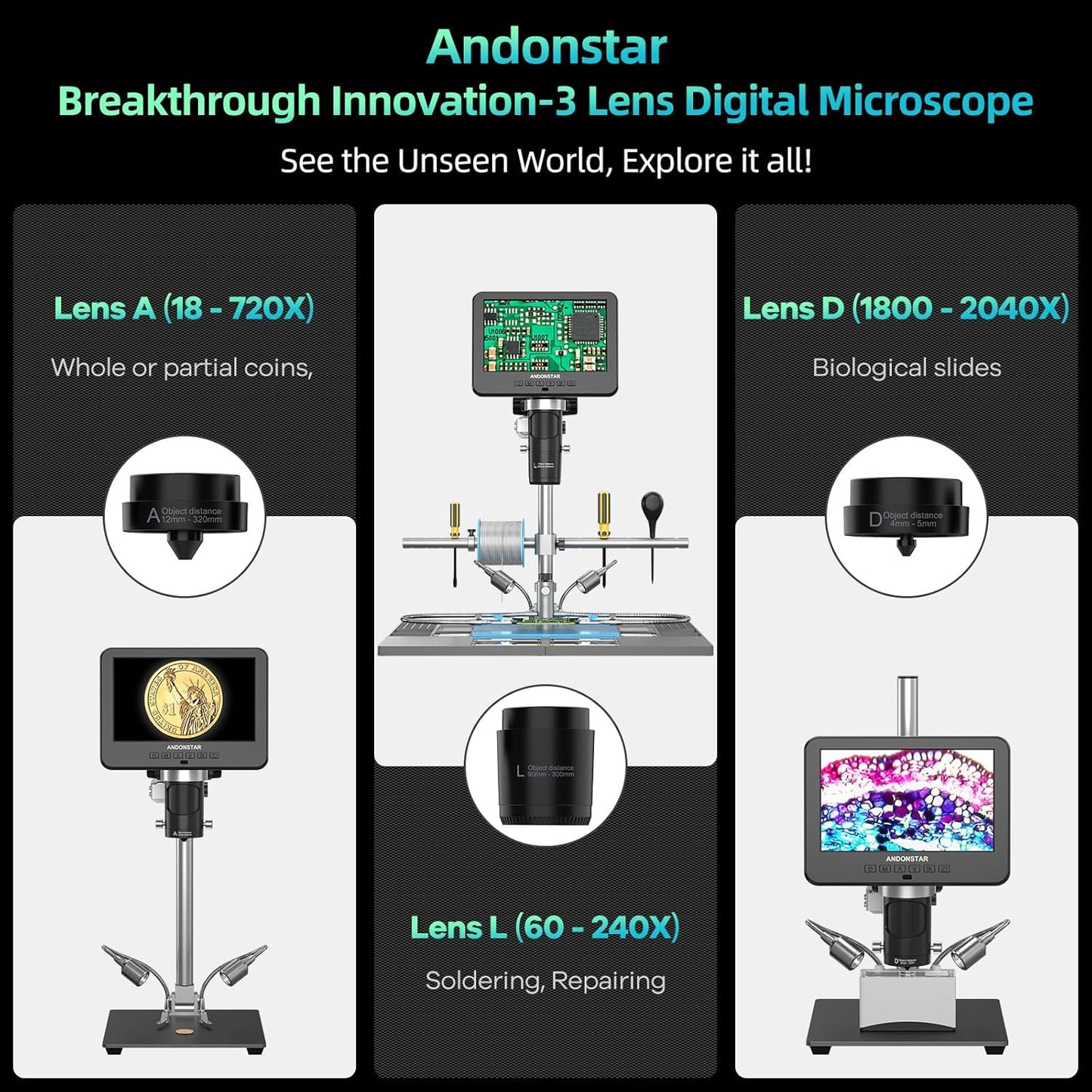 Andonstar AD246S-M Plus Digitale lasmicroscoop HDMI 7 inch 2000 x 3 lenzen 2160P UHD video-opname soldeerstation