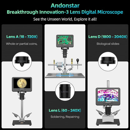Andonstar AD246S-M Plus Digitale lasmicroscoop HDMI 7 inch 2000 x 3 lenzen 2160P UHD video-opname soldeerstation
