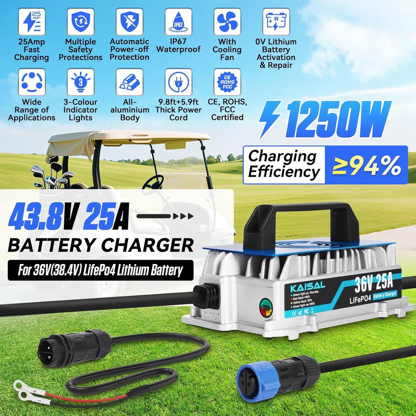 LiFePO4 Acculader – Lithium Batterijlader – Accu Oplader – 36V Oplader – Golfkar Acculader – 25A Snel Opladen – IP67 Waterdichte Aluminium Behuizing