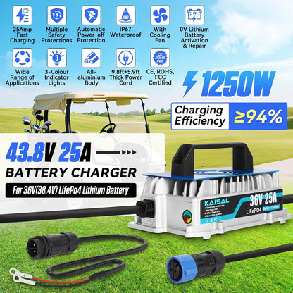 LiFePO4 Acculader – Lithium Batterijlader – Accu Oplader – 36V Oplader – Golfkar Acculader – 25A Snel Opladen – IP67 Waterdichte Aluminium Behuizing