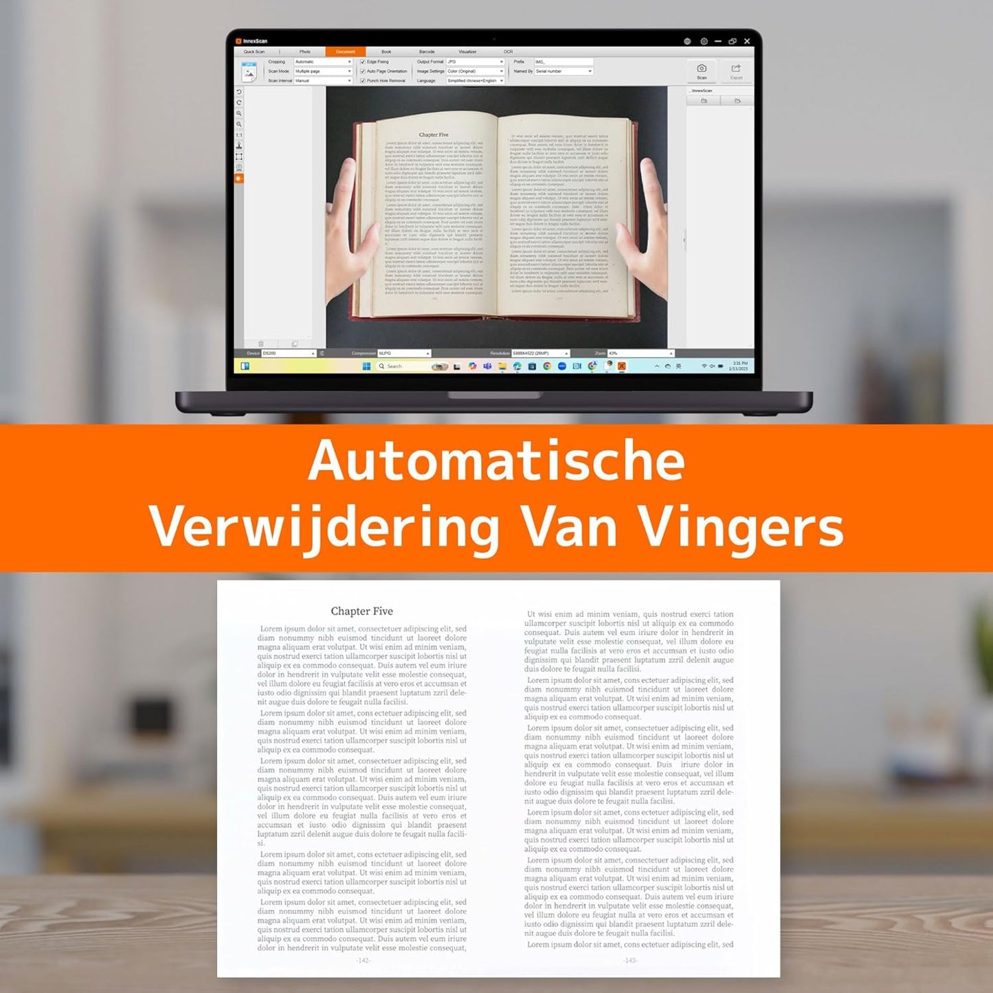 Innex DS200 USB-boekscanner, 26MP, A3-documentenscan, OCR 120+ talen, auto-vlak & uitlijnen, vingerverwijdering, microfoon & LED, handknop & voetpedaal, Win/MacOS