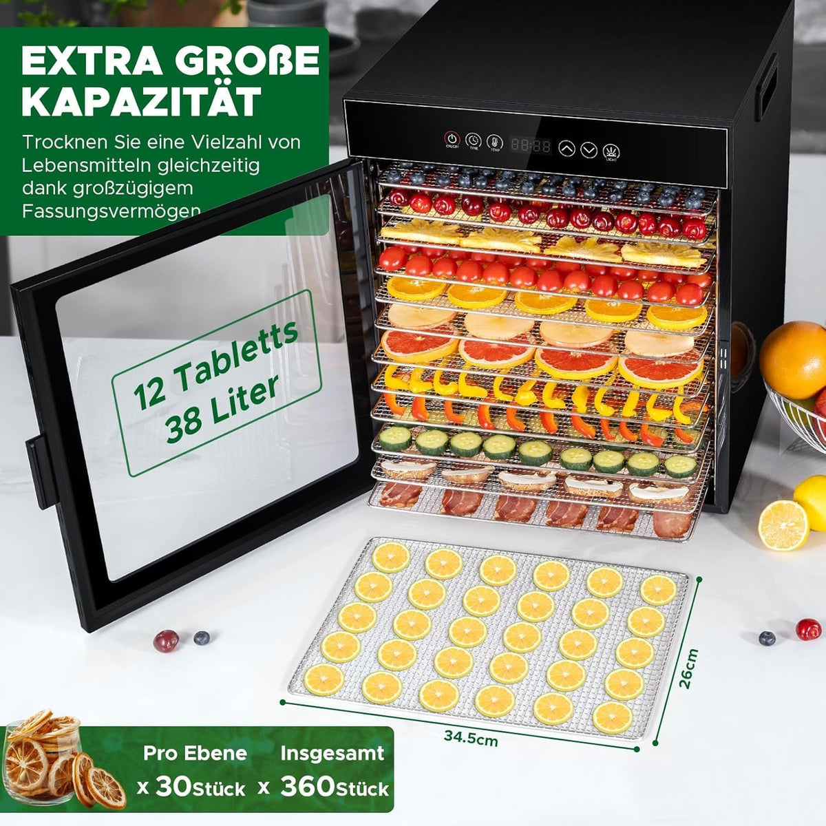 Kwasyo LT-09 Voedseldroger van roestvrij staal, 12 etages, volledig zwart, temperatuurregeling van 30-90 °C, timer 24 uur, receptenboekje voor vlees, groenten, groenten, kruiden, 900 W