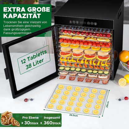 Kwasyo LT-09 Voedseldroger van roestvrij staal, 12 etages, volledig zwart, temperatuurregeling van 30-90 °C, timer 24 uur, receptenboekje voor vlees, groenten, groenten, kruiden, 900 W