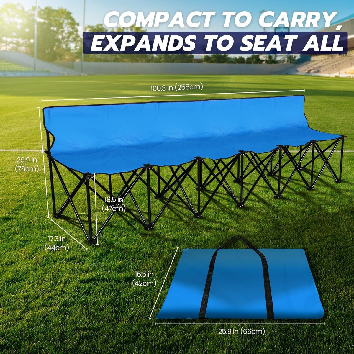 Flexzion Draagbare opvouwbare bank, 6-zits, opvouwbare voetbalbank, draagbare bankstoelen voor bleekmiddelen, camping, zijlijn, met rugleuning en draagtas, blauw