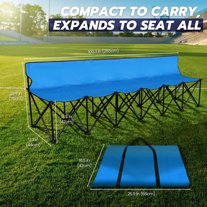 Flexzion Draagbare opvouwbare bank, 6-zits, opvouwbare voetbalbank, draagbare bankstoelen voor bleekmiddelen, camping, zijlijn, met rugleuning en draagtas, blauw