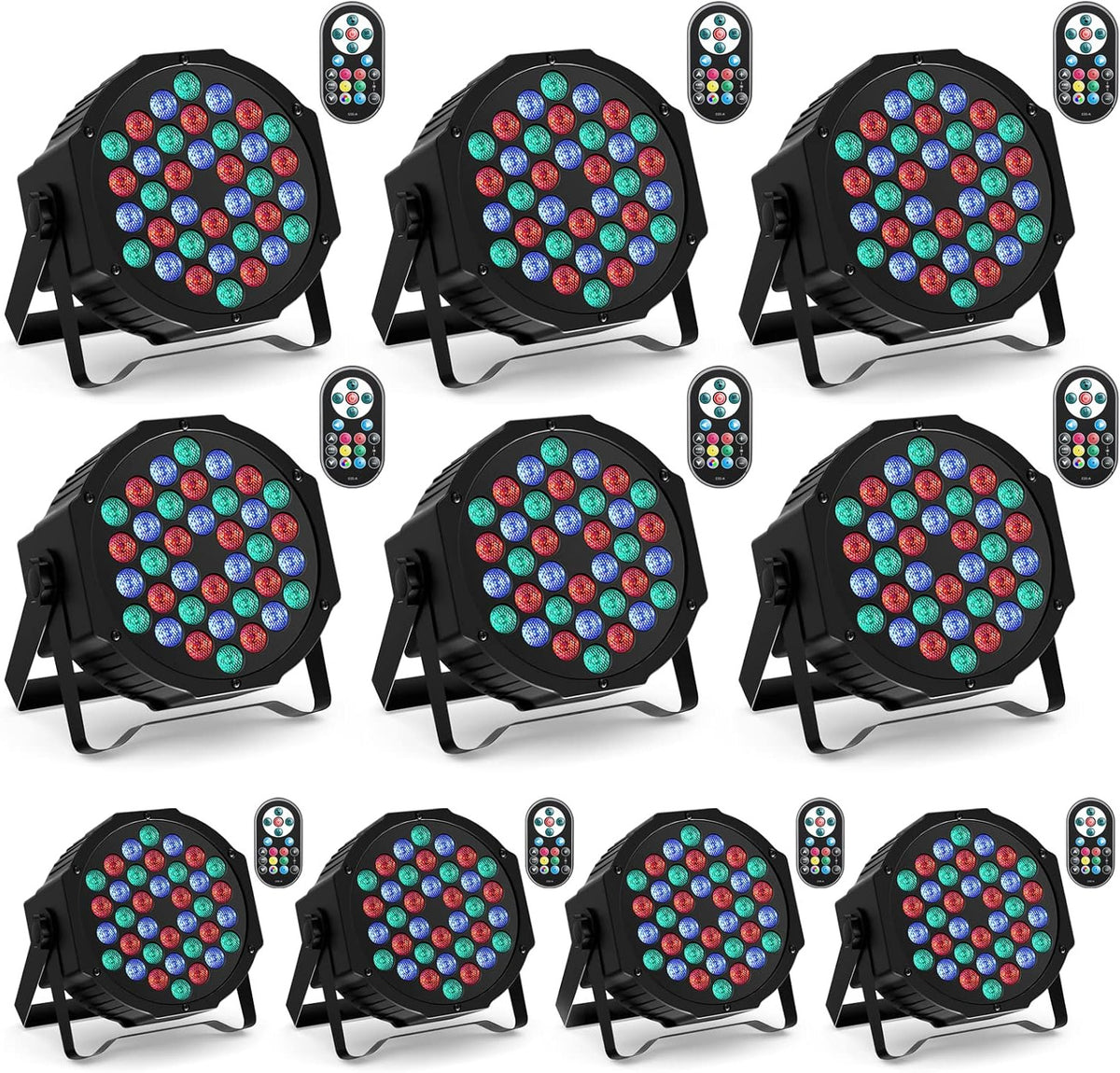 LED Spotlights – LED Par Spots – RGB Podiumverlichting – DJ Verlichting – DISCO Lampen – Set Van 10 – 36 RGB LEDs – Inclusief Afstandsbediening