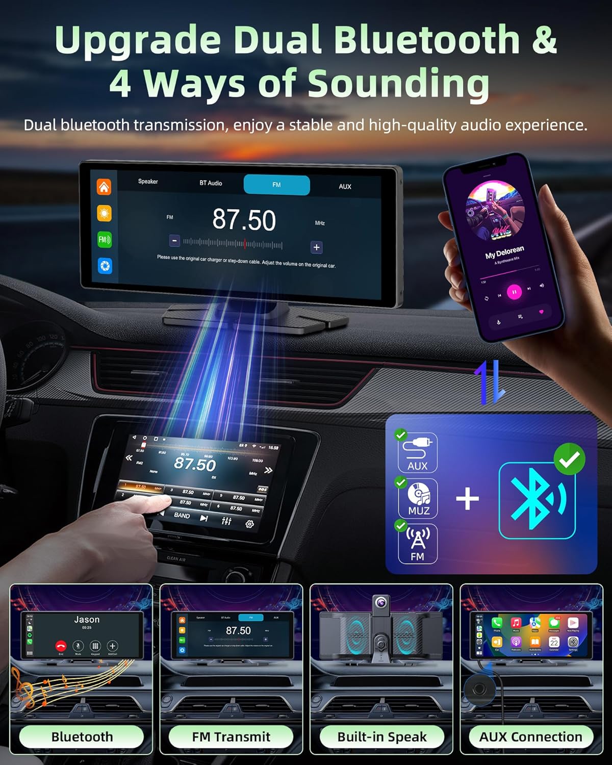 350° draaibaar: Carplay display, Android autodisplay met 4K dashcam, auto voor en achter, 10,26 inch touchscreen, draagbaar Driveplay-scherm, dual bluetooth, mirror Link, 64G TF-kaart