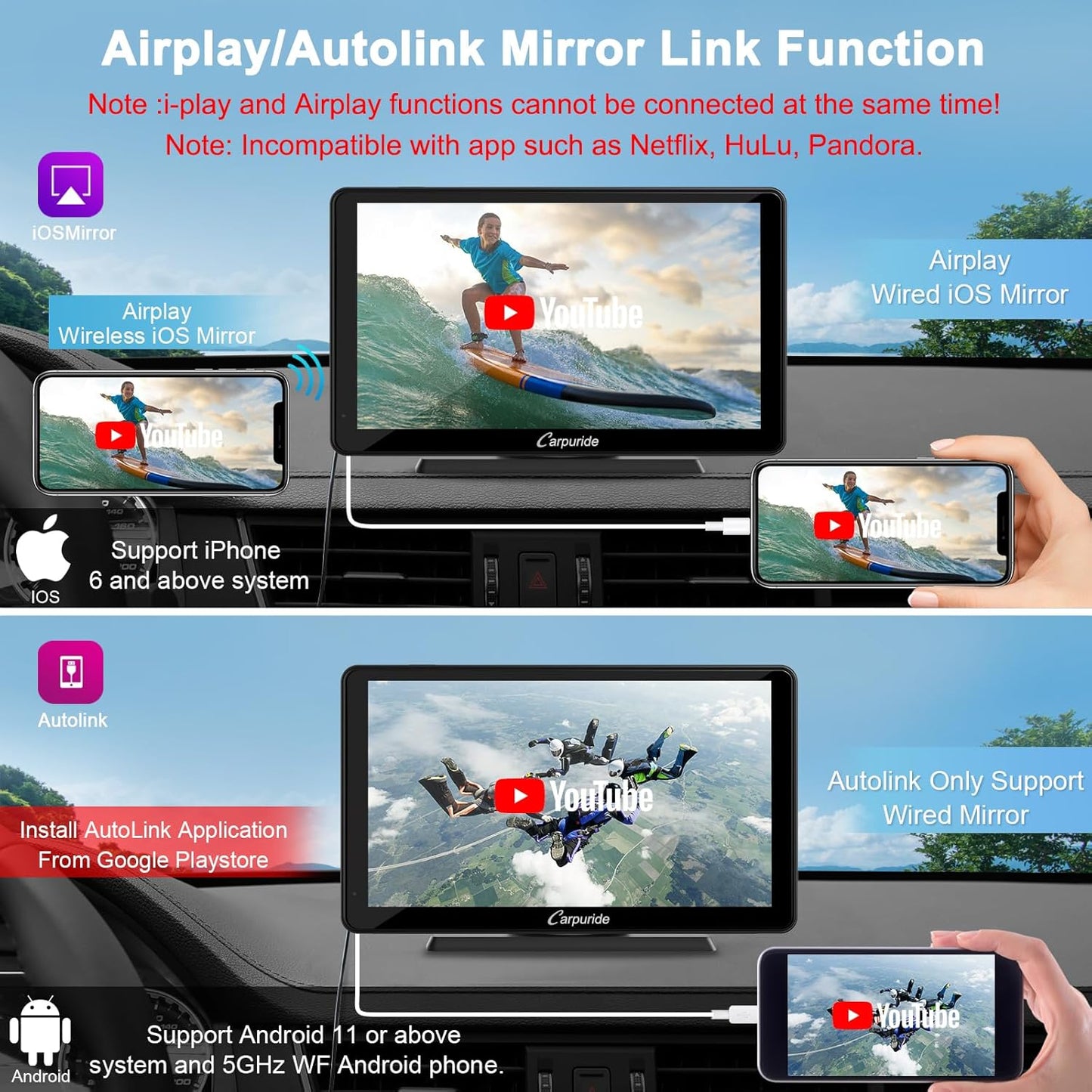 Carpuride C3 Draadloze Carplay & Android autoradio, draagbaar, 7 inch HD touchscreen, stereo ontvanger met AirPlay Link spiegels, bluetooth, navigatie, Siri, FM/AUX.