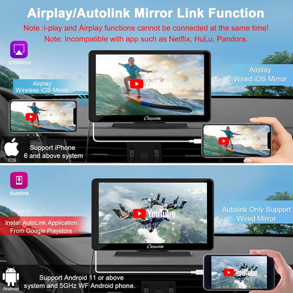 Carpuride C3 Draadloze Carplay & Android autoradio, draagbaar, 7 inch HD touchscreen, stereo ontvanger met AirPlay Link spiegels, bluetooth, navigatie, Siri, FM/AUX.