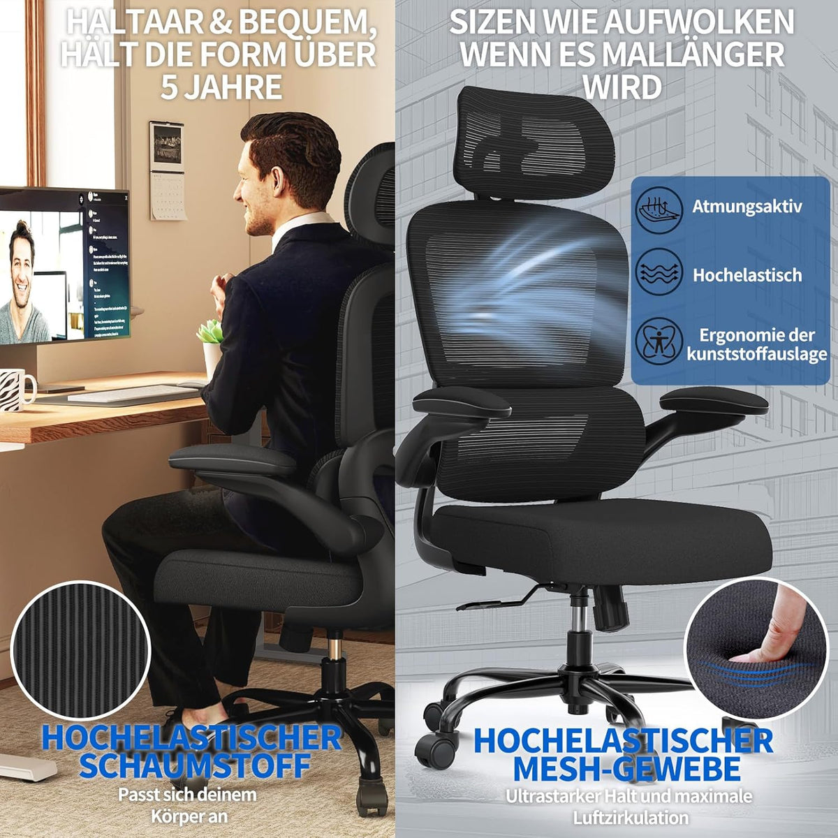 TRALT Bureaustoel, ergonomisch, bureaustoel met verstelbare lendensteun, hoofdsteun, gamingstoel, kantoorstoel, ergonomisch, 150 kg, voor grote mensen, zwart