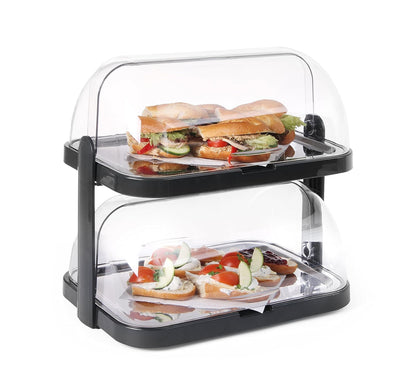 HENDI Buffet vitrine, dubbel, 9 delig, met 4 koelelementen, 2 trays, transparante roldeksels, gekoelde display, buffet display, presentatie display, 440x320x(H)440mm, polystyreen, roestvast staal