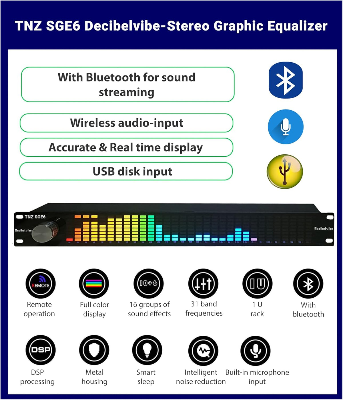 Stereo Equalizer – Grafische Equalizer – Audio Equalizer – Voorversterker – DSP Equalizer – 31-Bands – RCA/3,5 mm, Bluetooth 5.0 & USB