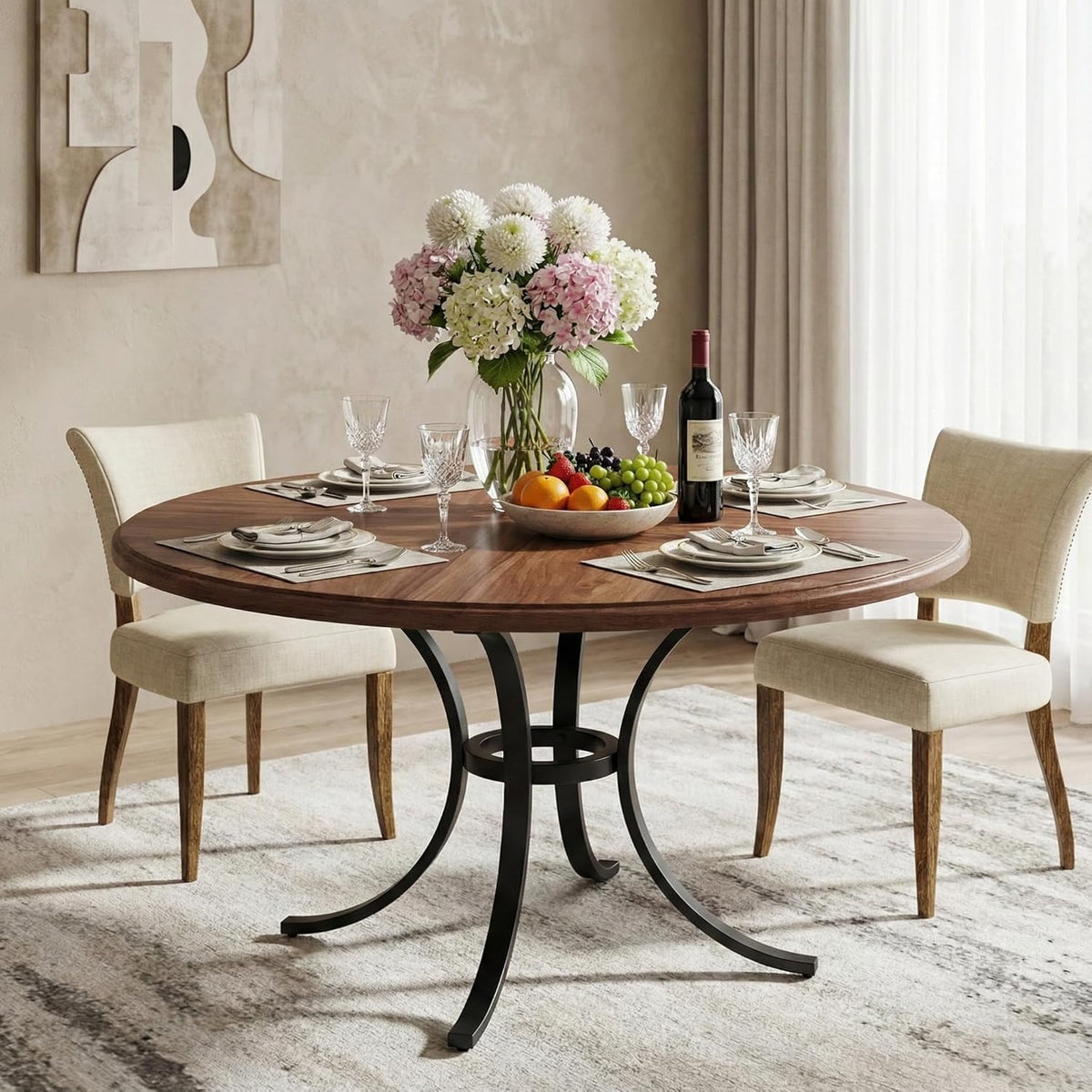 Ronde Eettafel – Ronde Tafel – Eettafel Rond – Keukentafel Rond – Tafel 120 cm – Voor 4-6 Personen – Stijlvol Houtfineer – Stevig Stalen Onderstel - QUORE