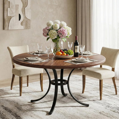 Ronde Eettafel – Ronde Tafel – Eettafel Rond – Keukentafel Rond – Tafel 120 cm – Voor 4-6 Personen – Stijlvol Houtfineer – Stevig Stalen Onderstel - QUORE