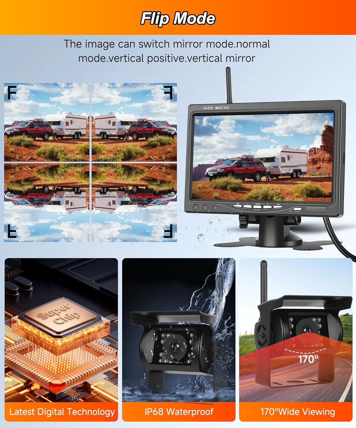4 x draadloze achteruitrijcamera met 7 inch IPS-monitor, BSD-systeem, quad-scherm, parkeerhulp, achteruitrijcamera voor auto AHD 1080p met nachtzicht/IP68 voor SUV