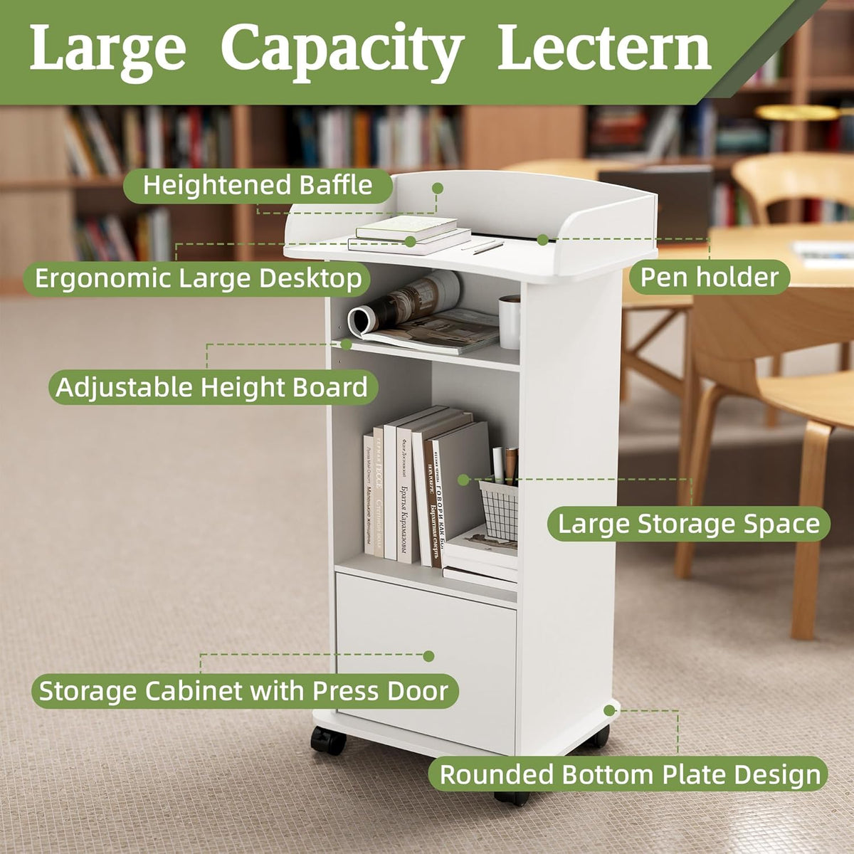 Houten Podium Witte Lessenaar met Opslag Plank Podium Stand met Kast Mobiele Lessenaar Stand met Wielen Preekstoel Stand