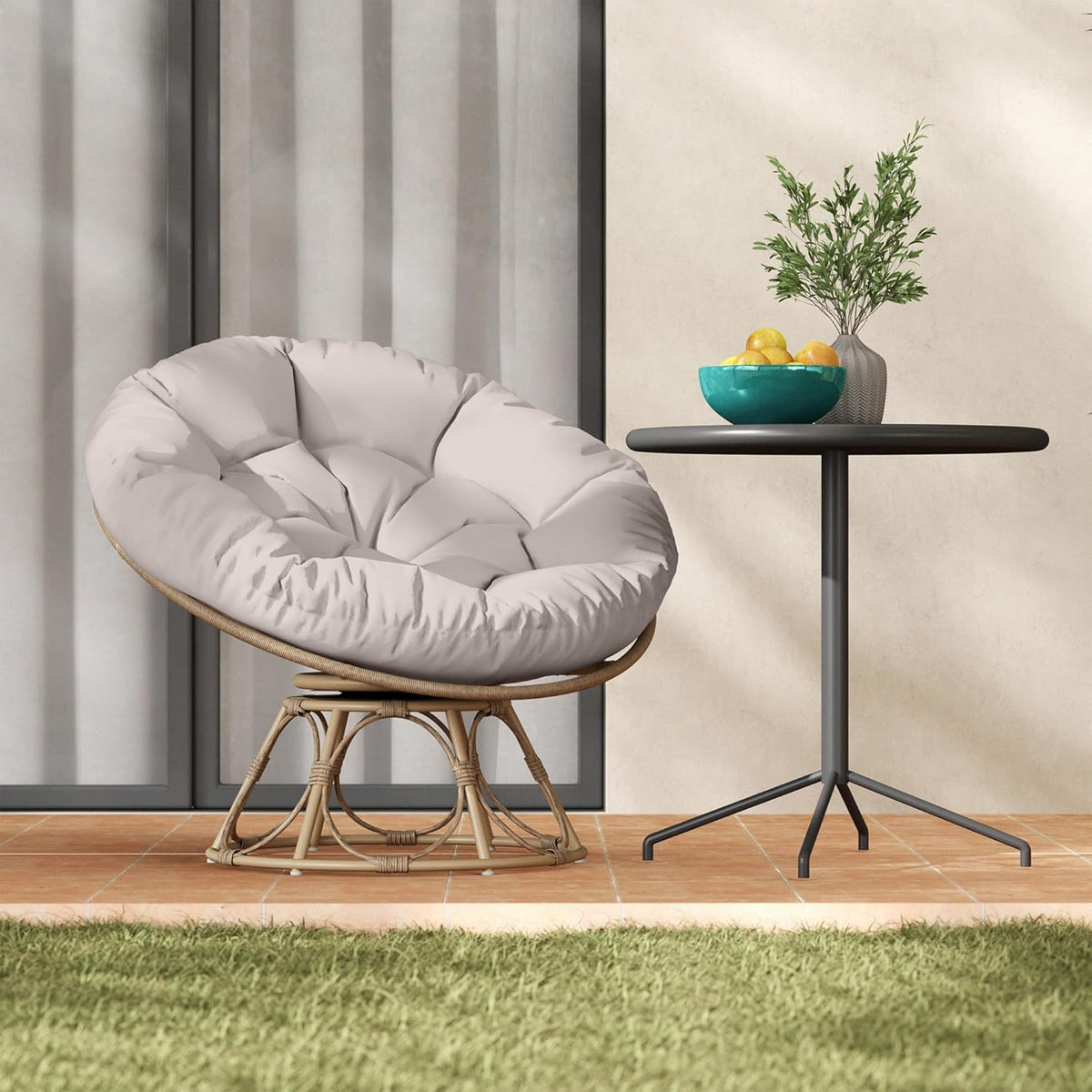 Outsunny Papasansessel Rattan 360° drehbar Korbsessel mit Sitzkissen Durchmesser 120cm runder Outdoor Rattansessel Drehsessel Loungesessel Liegesessel für Wohnzimmer Garten Balcony Hellgrau