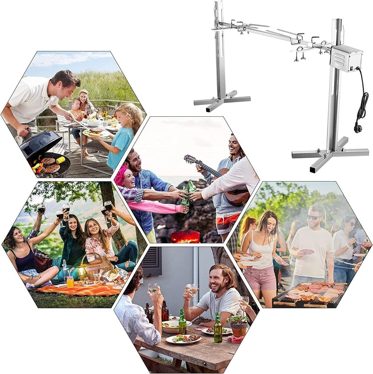 Mechoui Draaispies, 15 W, elektrisch, roestvrij staal, 70 kg, in hoogte verstelbaar, voor melkkvarken, barbecue met motor, draagbaar, koken in de open lucht, camping, wandelen