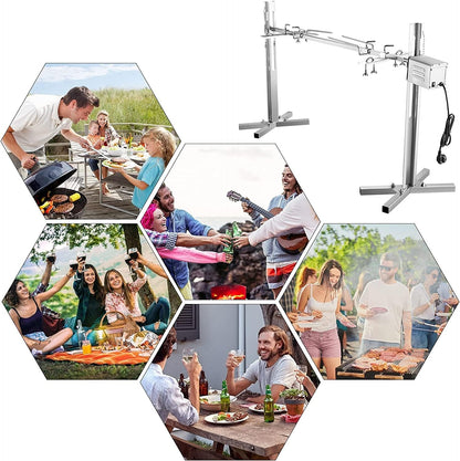 Mechoui Draaispies, 15 W, elektrisch, roestvrij staal, 70 kg, in hoogte verstelbaar, voor melkkvarken, barbecue met motor, draagbaar, koken in de open lucht, camping, wandelen