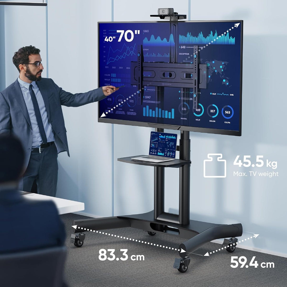 ONKRON Mobiele TV Standaard op Wielen voor 40-70 Inch Scherm, TV Beugel Wagen tot 45,5 kg - TV Meubel Verrijdbaar VESA 100x100-600x400 mm/Vloerstandaard Televisie Hoogte Verstelbare TS1551-B Zwart