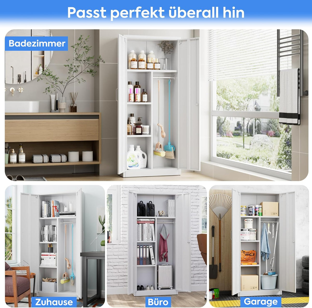 Bestekkast met ventilatie en magneetsluiting, multifunctionele kast, stabiele stalen kast voor stofzuigers, schoonmaakmiddelen, wasgoed en huishoudelijke accessoires, 70 x 30 x 165 cm, wit