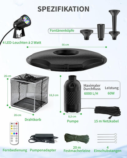 POPOSOAP Drijvende vijverfontein en beluchter, complete set met ledlampen, 4600 l/u waterpomp, 9 m netsnoer, 3 sproeivarianten voor vijvers, zwembaden, meren en watertuinen