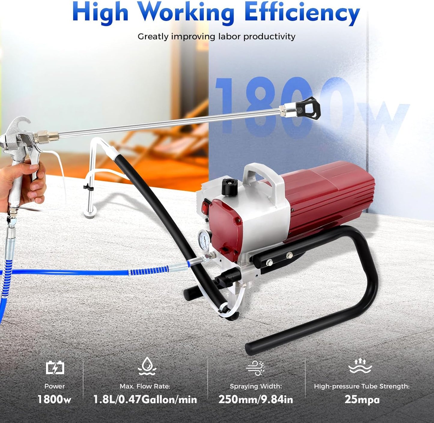 Airless Verfspuit – Verfspuitmachine – Spuitapparaat – Elektrische Verfspuit – Hogedruk Verfspuit – 1800 W Motor – 10 Meter Hoge Drukslang