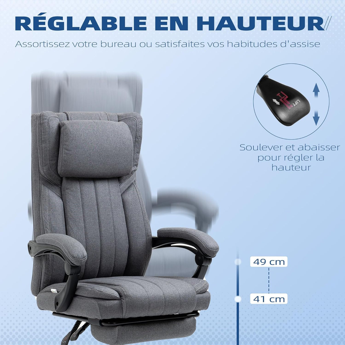 Vinsetto Bureaustoel, ergonomische stoel, draaibare zitting, verstelbare rugleuning, in hoogte verstelbaar, armleuningen, hoofdsteun, voetensteun 65 x 61 x 105-113 cm, grijs